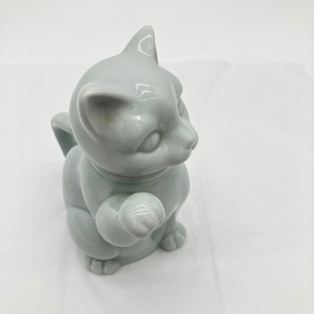 Vintage Celadon Takahashi Japan Celadon Porcelain Cat Teapot 1970s Kitty Creamer